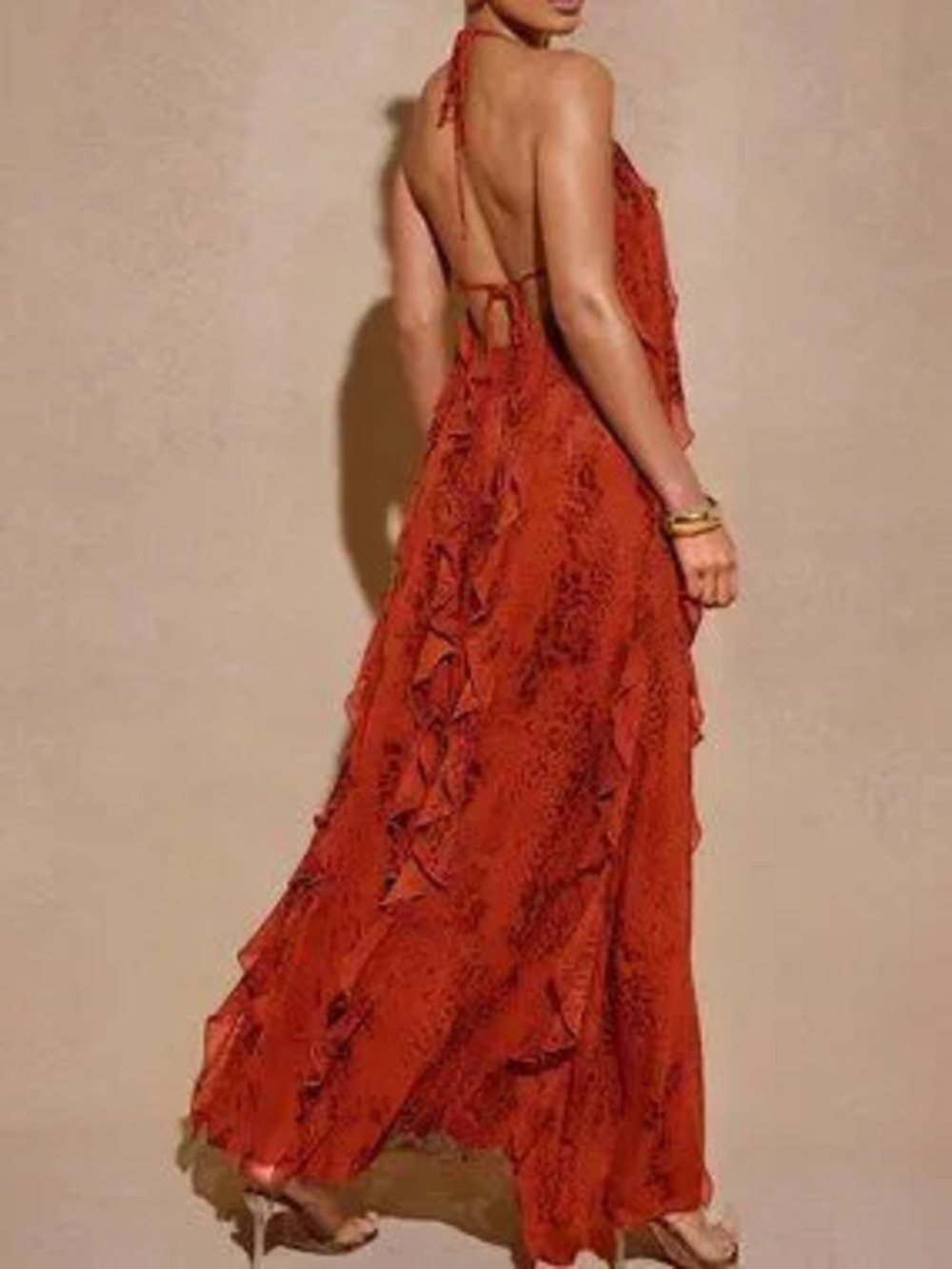 Multicolor Casual Women's All-Over Print Halter Neck Tie-Up Backless Maxi Dress - Picture 5 of 5
